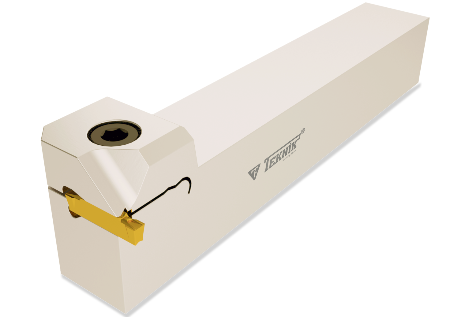 Stech-Klemmhalter KGVER auf weißem Hintergrund. Mit einer Wendeplatte des Typs KGMN. Auf der Seite des Werkzeugs befinden sich das Logo des Herstellers und der Artikelcode.