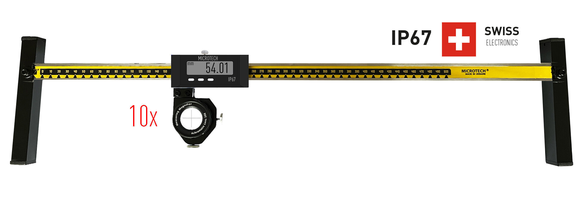 Microtech 3000mm Einbaumessschieber: Frontalansicht mit gelbem Maßstab, IP67-Anzeige und 10x Lupe