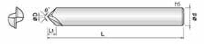 Technische Zeichnung eines Schaftfräsers. Seitenansicht, daneben kann man eine  Vorderansicht sehen. Schwarze Linien auf weißem Hintergrund. Neben der Zeichnung stehen Buchstaben für die Größenangaben.