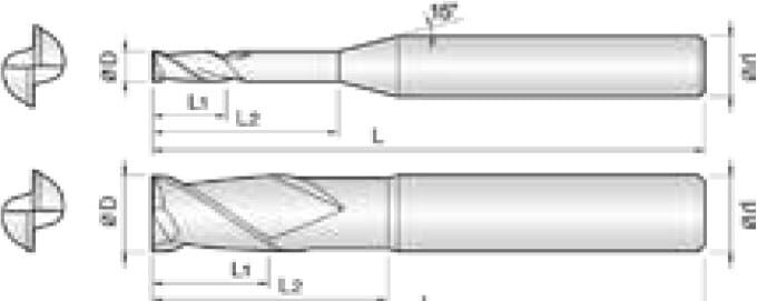 Technische Zeichnung von zwei Schaftfräser. Seitenansicht, daneben befindet sich zwei Vorderansichten. Neben den Zeichnungen befinden sich Linien und Buchstaben für die Größenangaben.