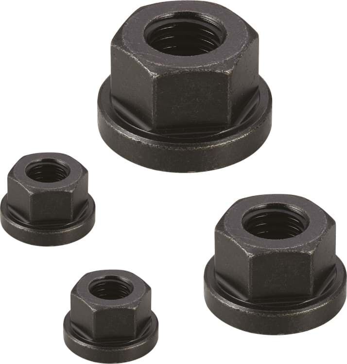 Vertex M24x3mm Flanschmutter: Vier schwarze Sechskantmuttern mit Flansch, Nahaufnahme