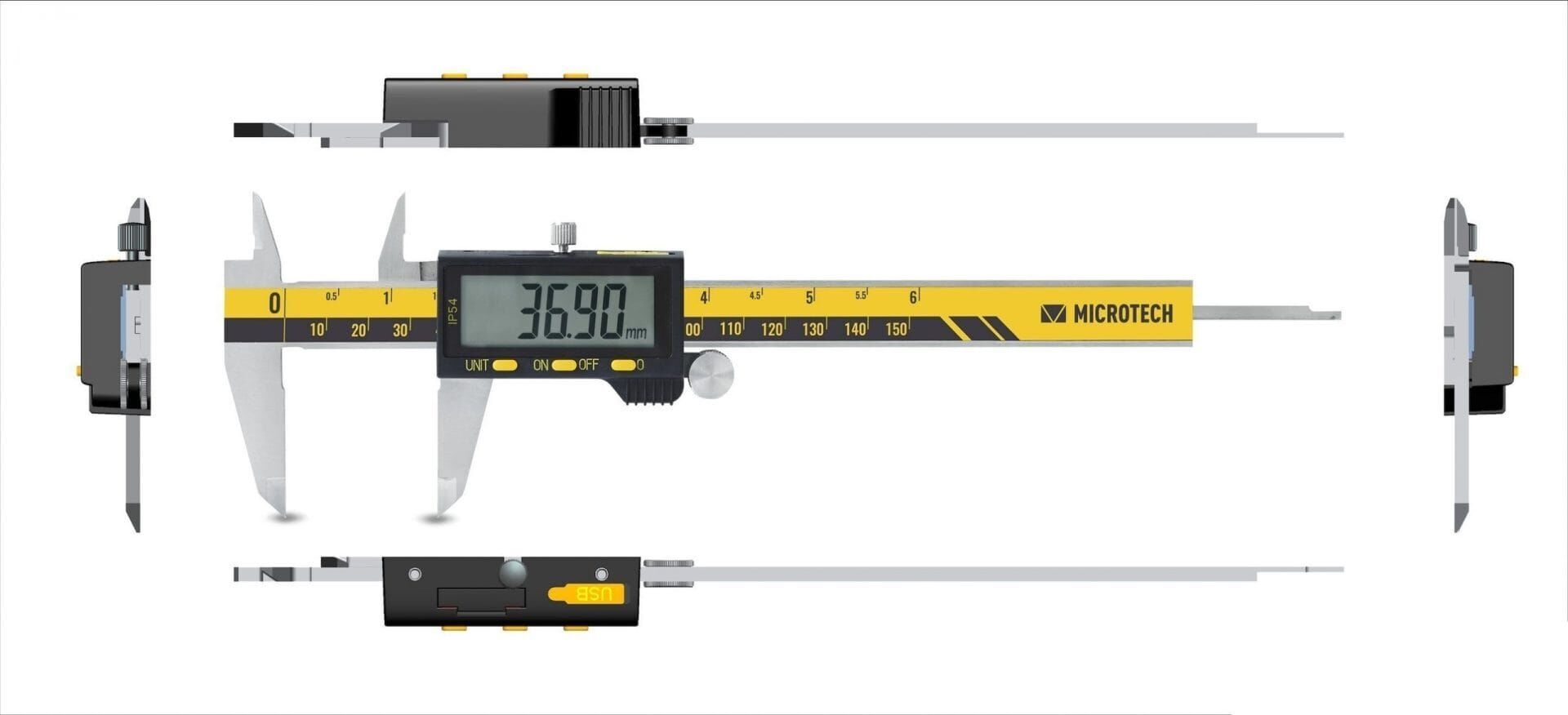 Microtech Digitaler Präzisionsmessschieber 200mm - Frontalansicht mit Display 36.90mm