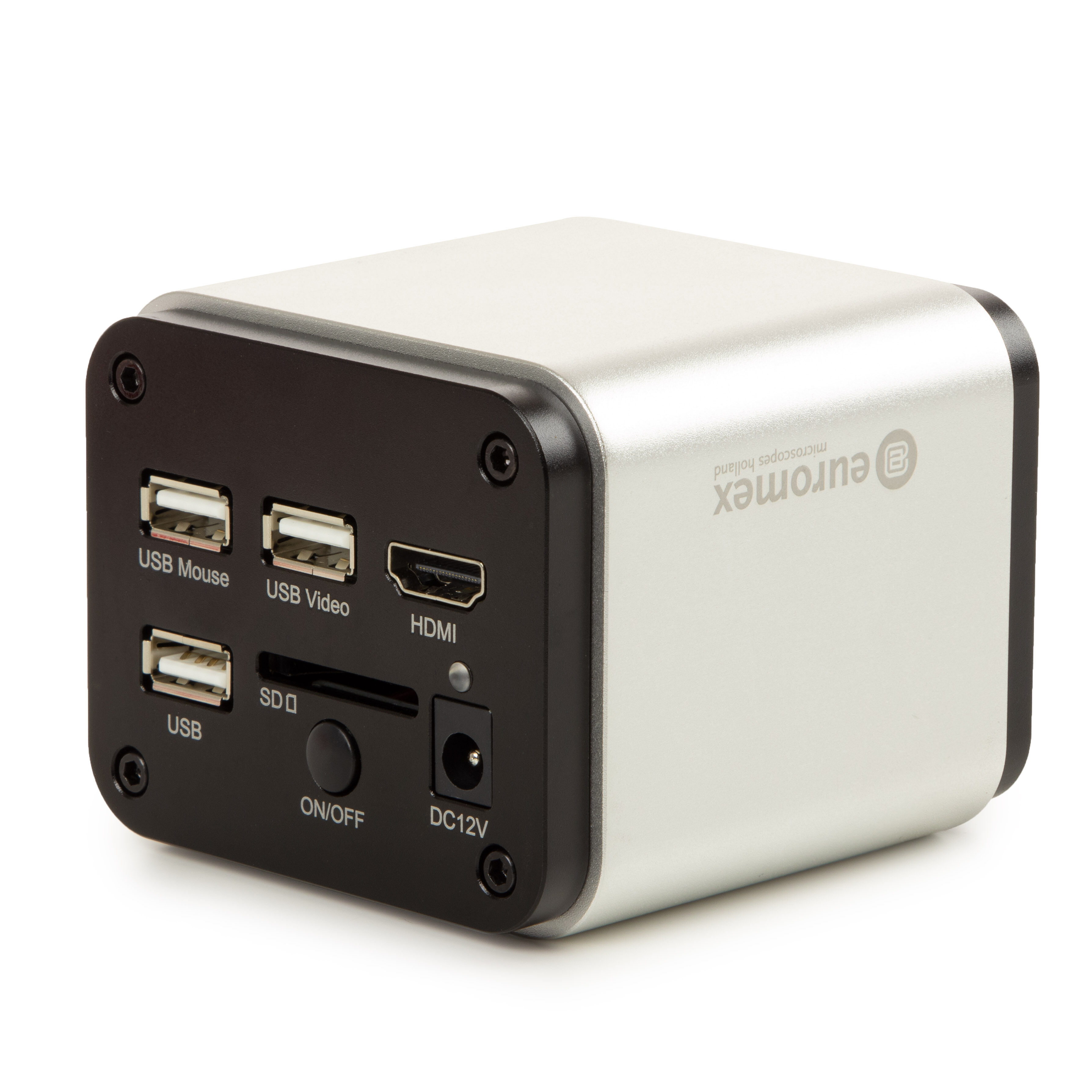 HD-Farbkamera auf weißem Hintergrund. Die Kamera ist leicht von der Seite abgebildet, mit der Rückseite im Vordergrund. Auf der Rückseite kann man mehrere USB-Eingänge sehen. Das Logo von Euromex steht auf der Seite der Kamera.