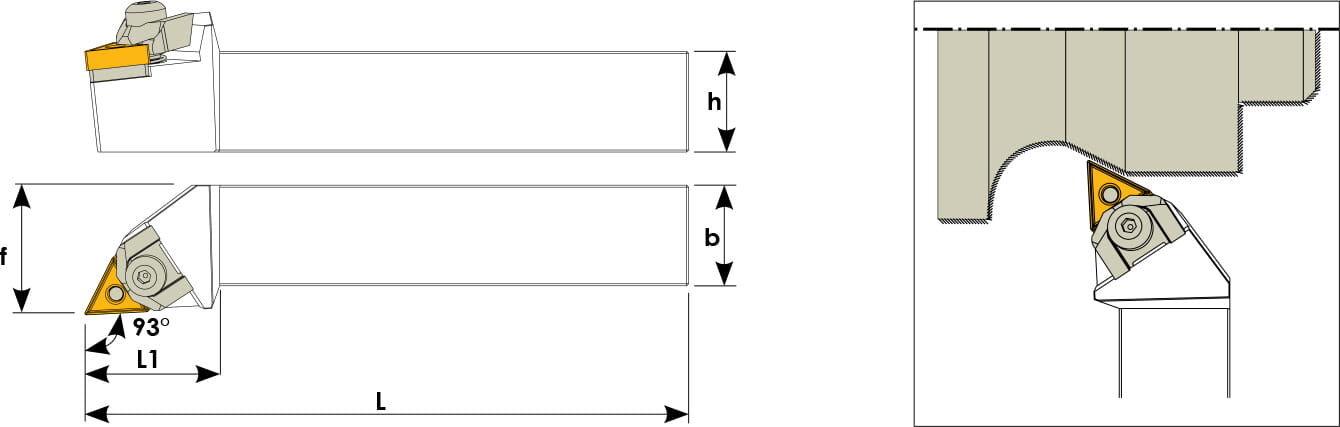 Technische Zeichnung eines Stech-Klemmhalters. Schwarze Linien auf weißem Hintergrund. Die Wendeplatten sind in Gelb angezeigt. Mit Größenangaben. Links befinden sich eine Vorder- und Seitenansicht, links davon ein Benutzungsbeispiel.