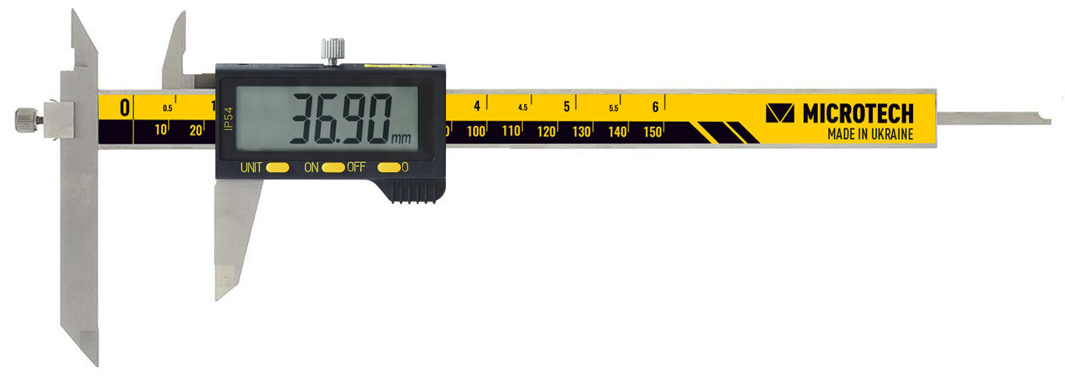 Microtech Digitaler Messschieber 300mm: gelb-schwarz Skala, silbergraue Backen, Frontansicht, Messwert 36.90mm