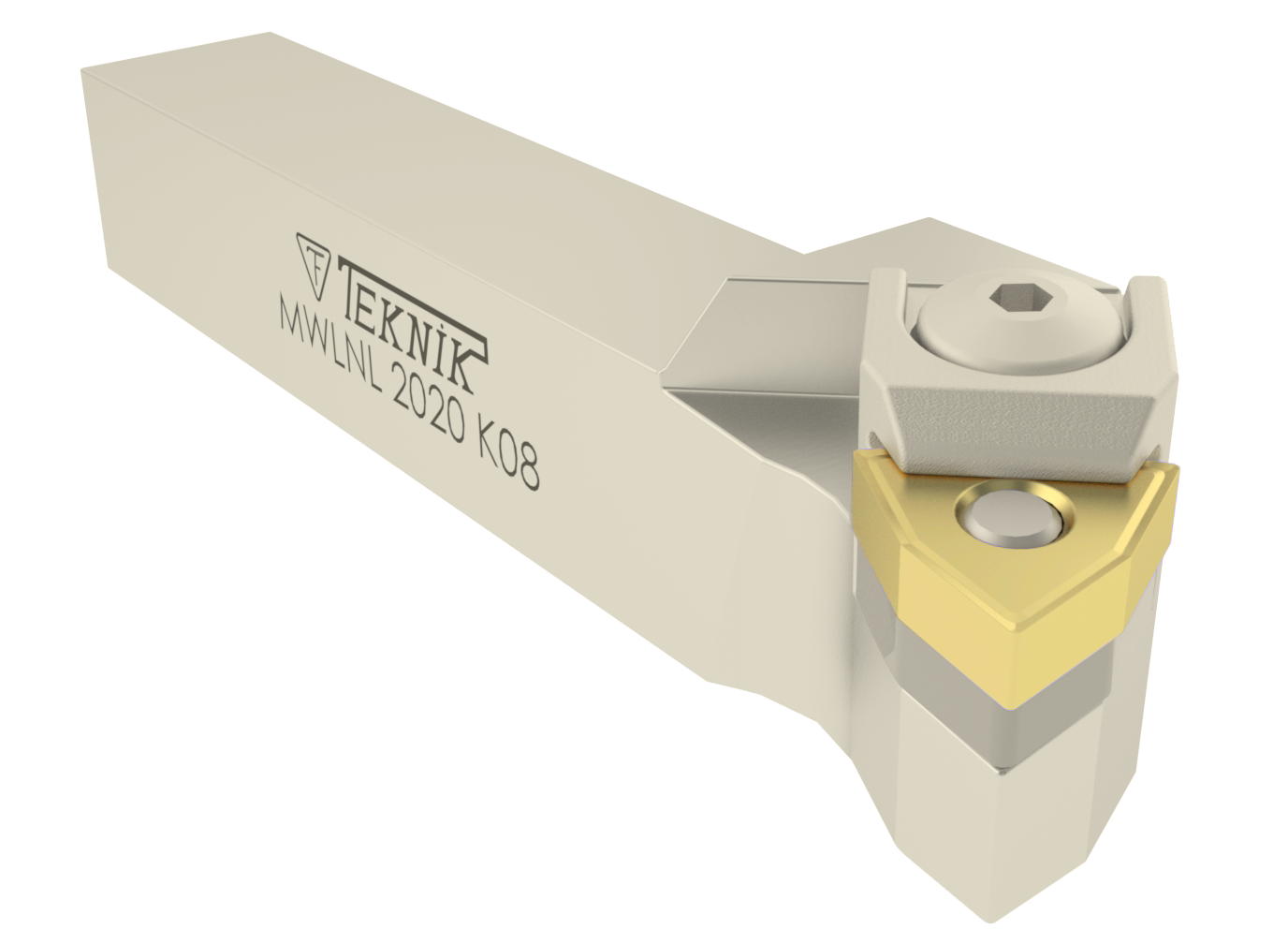 Klemmhalter MWLN auf weißem Hintergrund. Mit einer Wendeplatte des Typs WN--. Auf der Seite des Werkzeugs befinden sich das Logo des Herstellers und der Artikelcode.