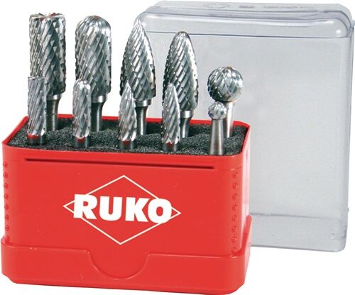 Ruko Hartmetall Frässtiftsatz A_8000421356: 10 Stifte unterschiedlicher Form in rotem Etui mit Kreuzverzahnung