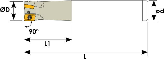 Technische Zeichnung eines Schaftfräsers. Schwarze Linien auf weißem Hintergrund. Die Wendeplatten sind in Gelb angezeigt. Mit Größenangaben.