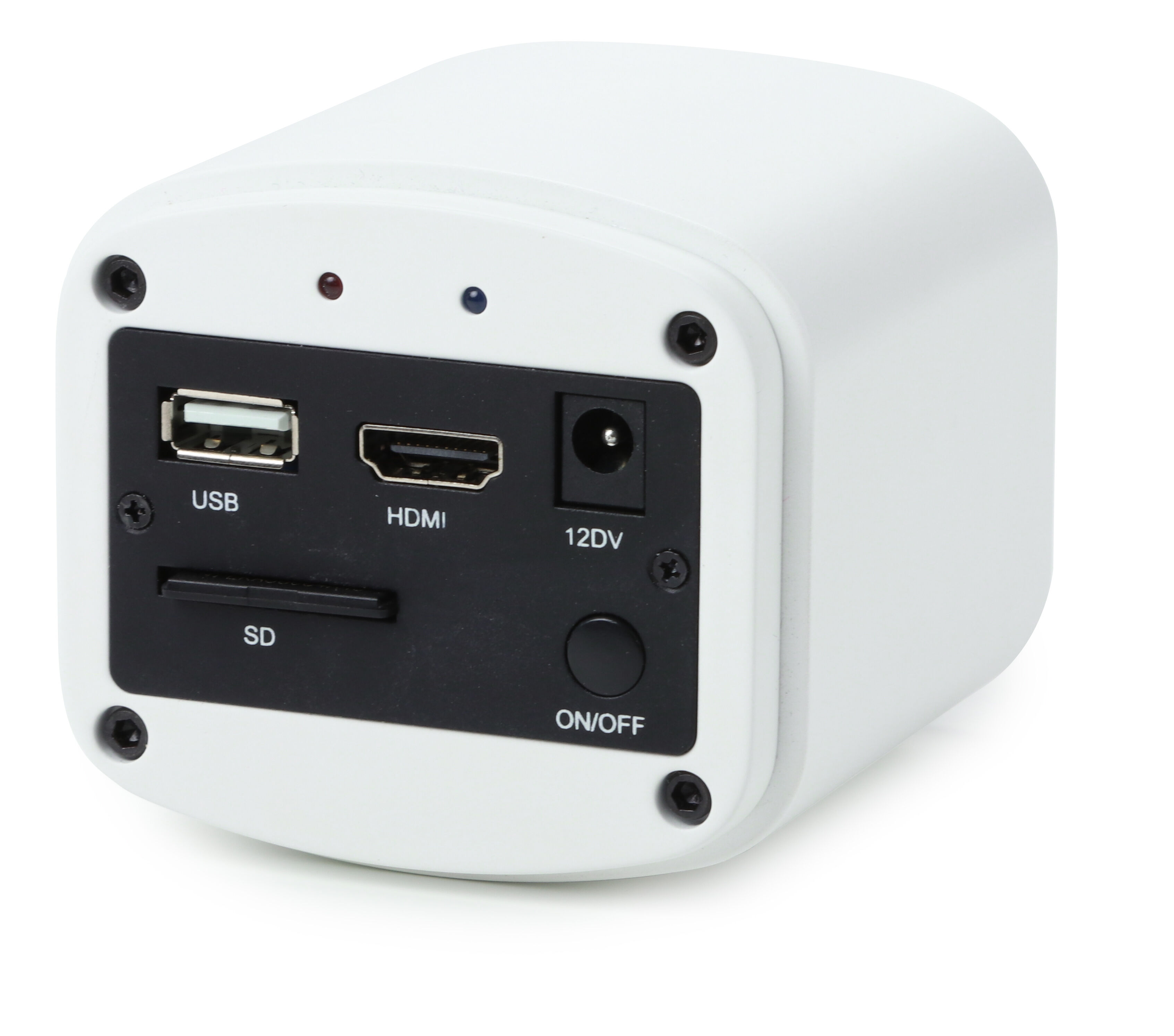 Rückansicht einer Euromex HD-Farbkamera auf weißem Hintergrund. Das Gehäuse ist weiß und auf der Rückseite kann man mehrere USB-Eingänge sehen.