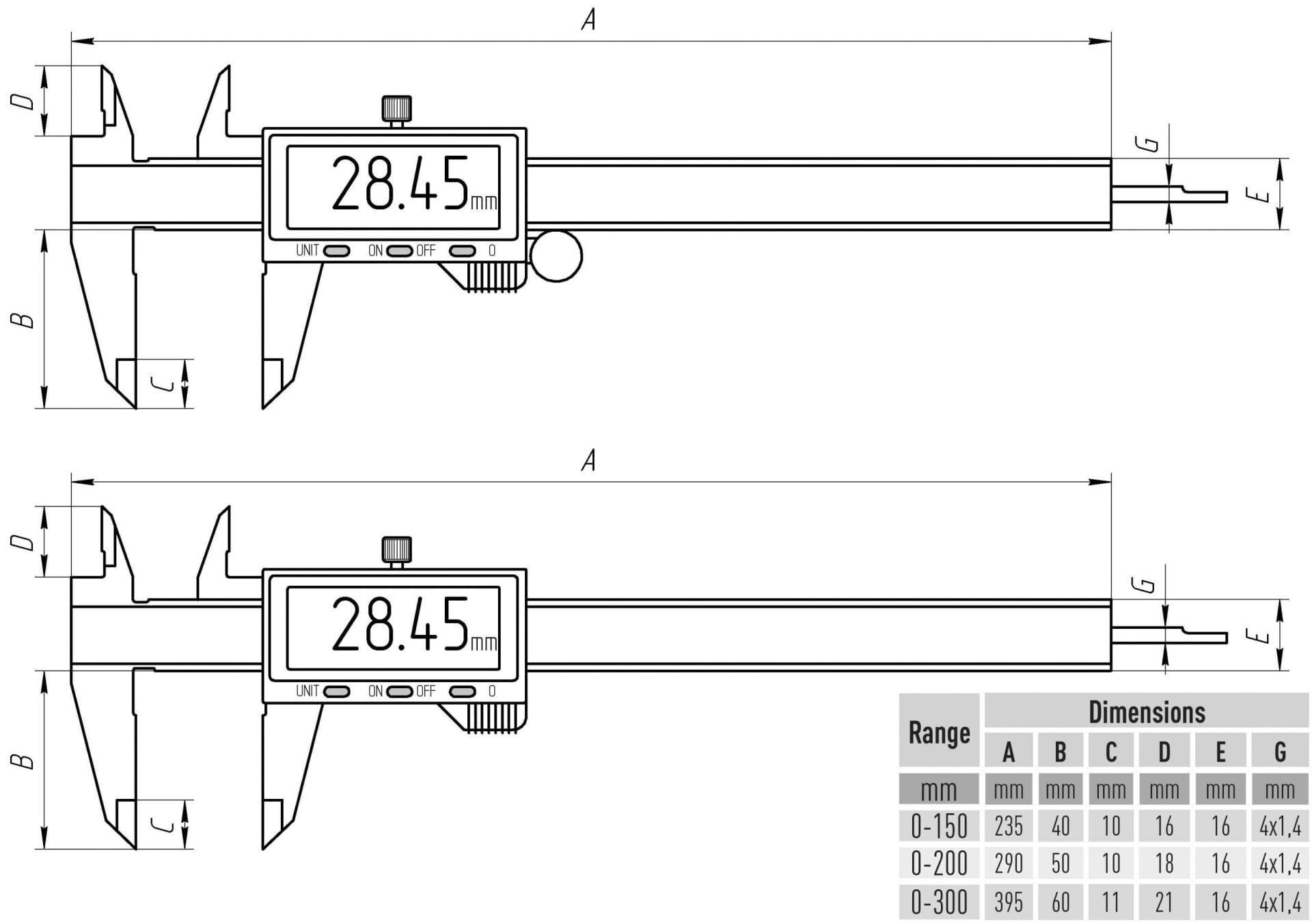 Microtech Digitaler Präzisionsmessschieber 300mm: Technische Zeichnung mit Maßen, Frontalansicht