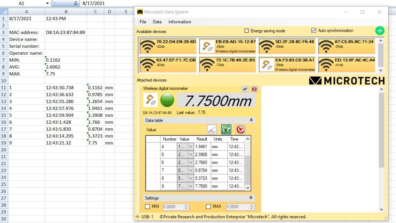 MicrotechData USB-Software: Datenerfassung von 7.7500mm Messwert, CSV/XLS/PDF-Export im Windows-Fenster