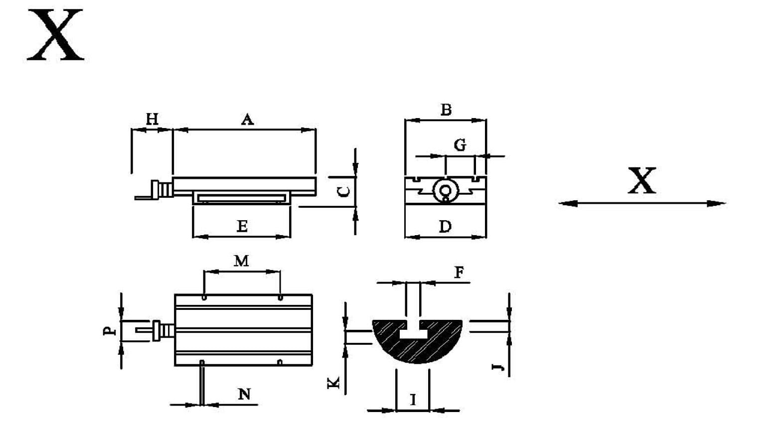 Technische Zeichnung eines Koordinatentisch von SAIM. Schwarze Linien auf weißem Hintergrund. Vorder- und Seitenansicht. Querschnitt einer T-Nuten ritze.