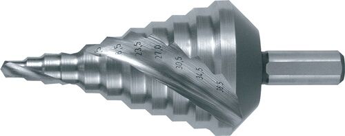 5,3-38,5mm Stufenbohrer HSS Spiralgenutet Kreuzanschliff 2 Schneiden 118° Spitzenwinkel 90° Stufenwinkel Schaft mit Spannflächen - Ruko GmbH