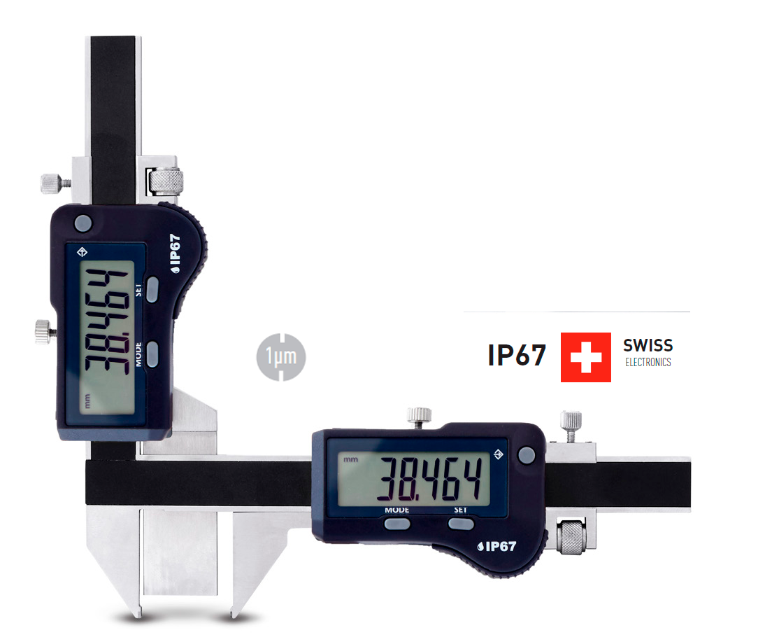 50mm Digitaler Messschieber: Frontalansicht, schwarzes Gehäuse, silberne Messschenkel, 0,001mm Auflösung, IP67