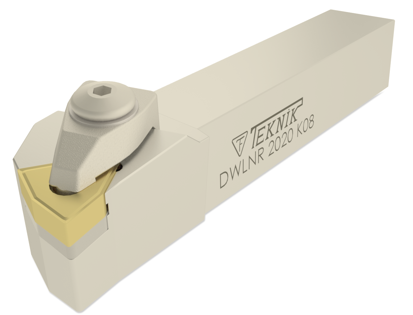 Klemmhalter DWLN auf durchsichtigem Hintergrund. Mit einer Wendeplatte des Typs WN--. Auf der Seite des Werkzeugs befinden sich das Logo des Herstellers und der Artikelcode.