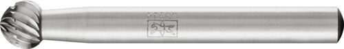 PFERD 8mm Frässtift Kugelform HSS: Seitliche Ansicht des silbernen Stifts mit spiralförmiger Zahnung und Gravur