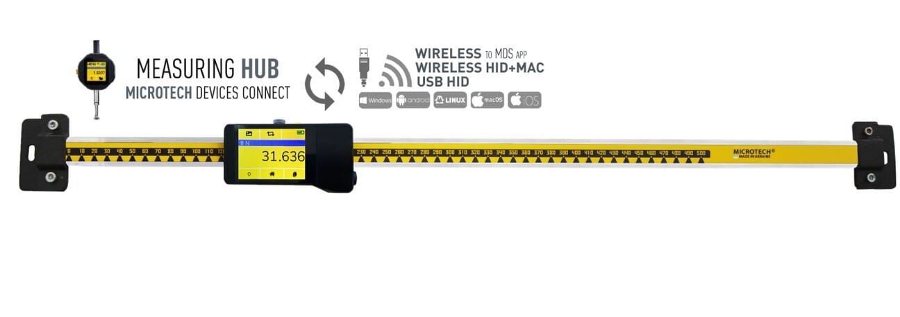 150mm Digital Einbaumessschieber: Frontalansicht gelbe Messskala mit Display, schwarz/grauem Gehäuse, drahtloser Übertragung.