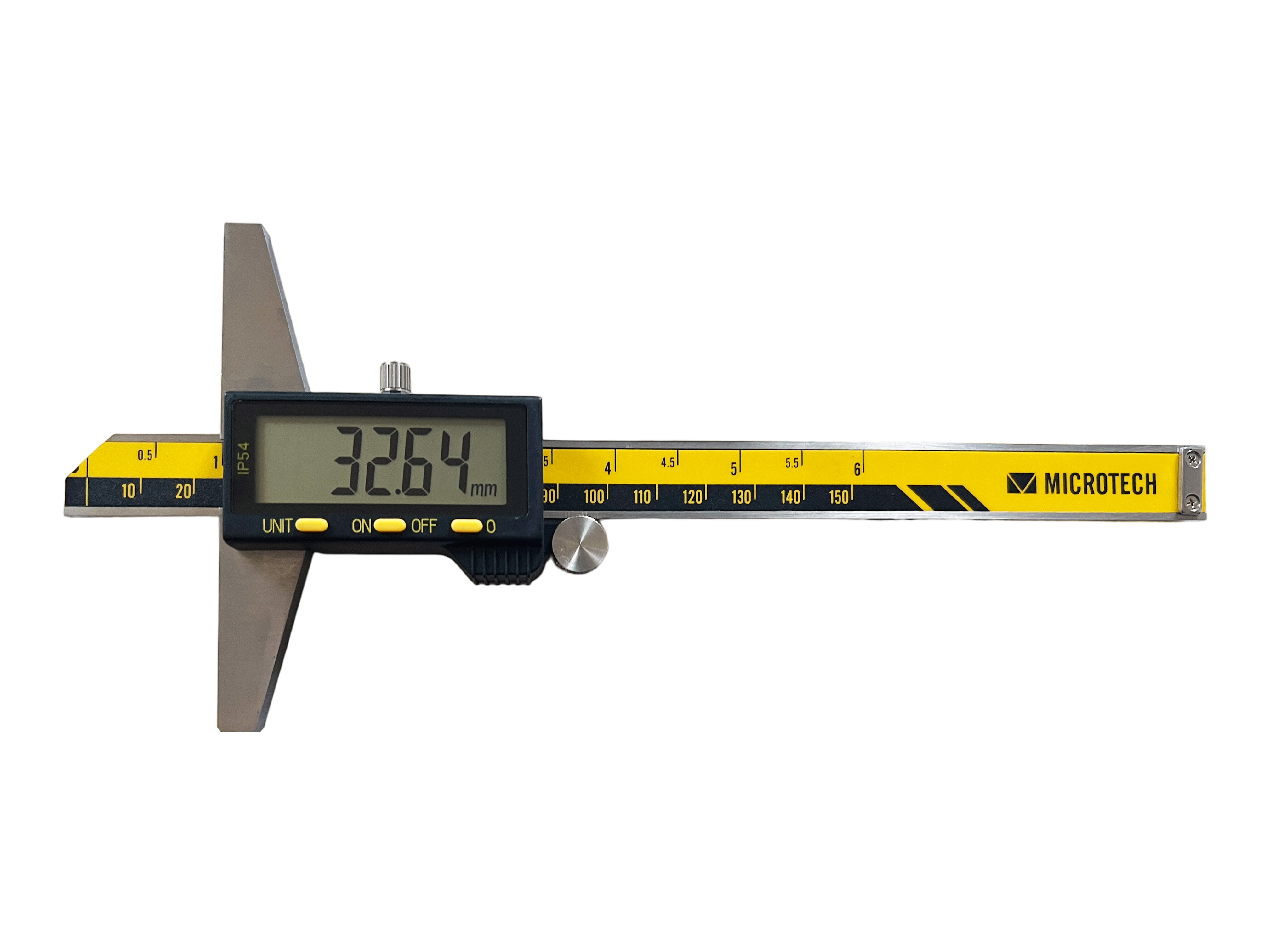 Digitaler Tiefenmessschieber 500mm Microtech Metrology: Frontalansicht, gelb/schwarz mit digitaler Anzeige 32.64 mm