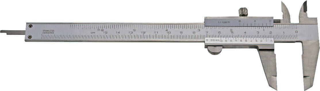 Messschieber Linkshänder 150mm - mattverchromtes INOX Monoblock, Nonius 0,02mm in Frontalansicht