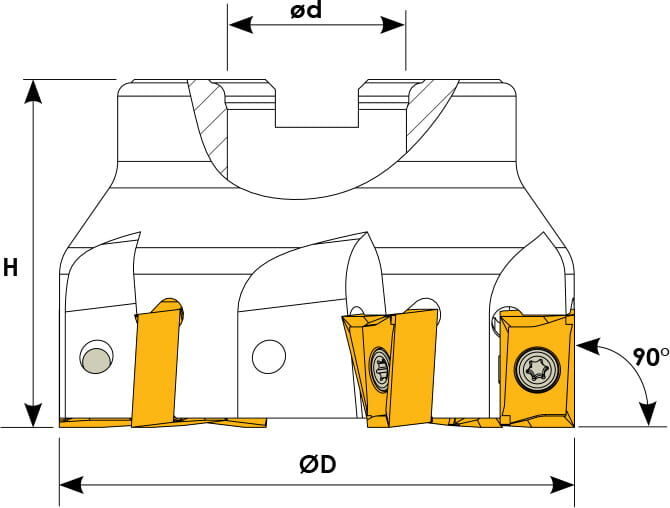 Technische Zeichnung eines Eckmesserkopfes. Schwarze Linien auf weißem Hintergrund. Die Wendeplatten sind in Gelb angezeigt. Mit Größenangaben.