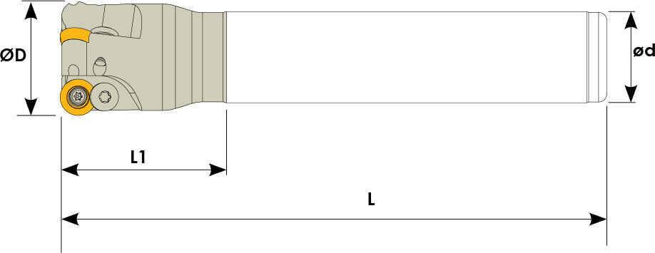 Technische Zeichnung eines Schaftfräsers. Schwarze Linien auf weißem Hintergrund. Die Wendeplatten sind in Gelb angezeigt. Mit Größenangaben.