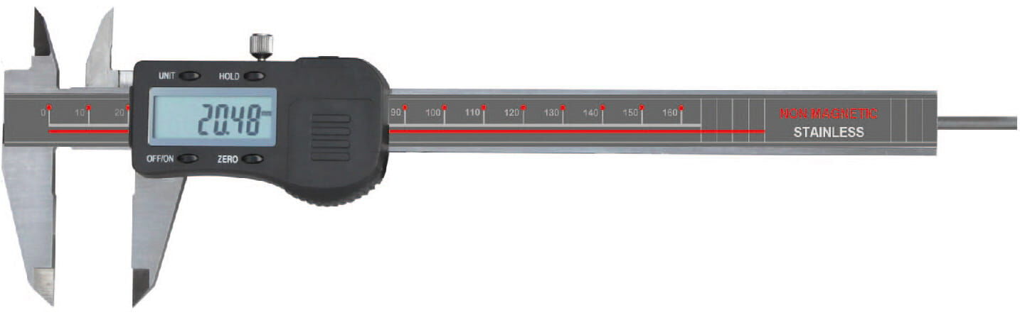150 mm Digital-Messschieber, 0,01mm Auflösung, antimagnetisch, rostfrei, rundes Tiefenmaß, 4‑fach Messung, inkl. Kasten - Metav IndustryLine