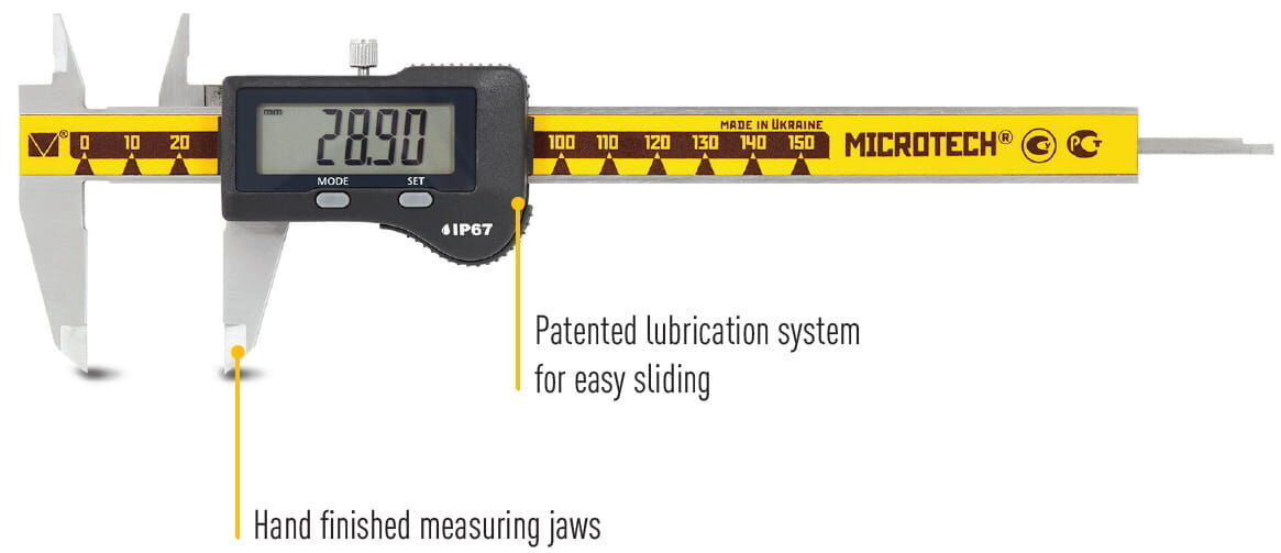 Digitaler Präzisionsmessschieber Microtech: 200 mm Messgerät in Frontalansicht, gelb-silber, LCD-Anzeige