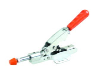 Kukamet Horizontalspanner mit niedrigem Fuß auf weißem Hintergrund. Der Griff ist los und von rotem Kunststoff ummantelt. Der Arm endet in einem roten Kunststoffkopf.