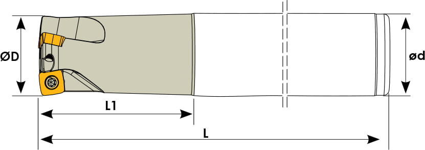 Technische Zeichnung eines Schaftfräsers. Schwarze Linien auf weißem Hintergrund. Die Wendeplatten sind in Gelb angezeigt. Mit Größenangaben.