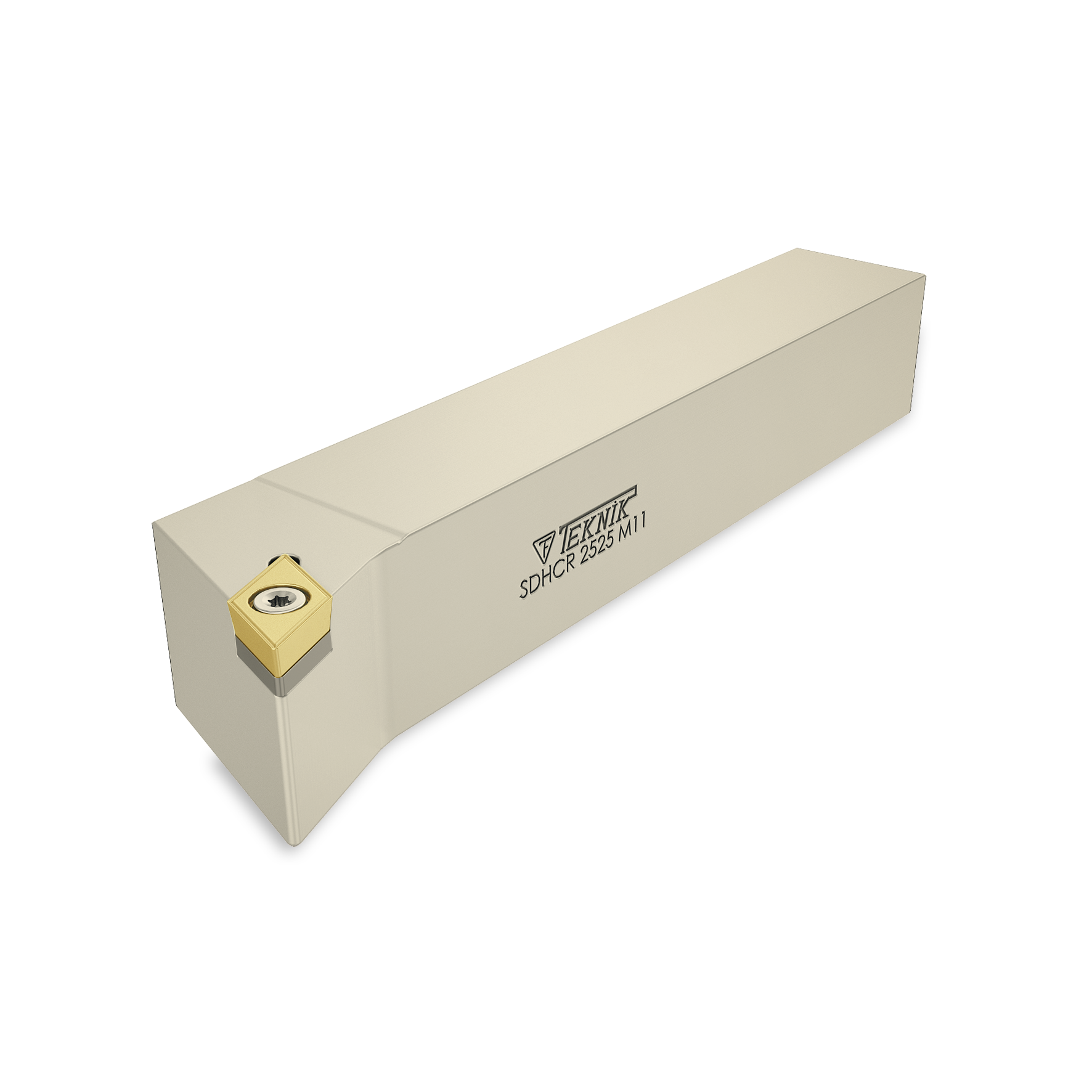 Klemmhalter SDHC auf weißem Hintergrund. Mit einer Wendeplatte des Typs DCMT. Auf der Seite des Werkzeugs befinden sich das Logo des Herstellers und der Artikelcode.