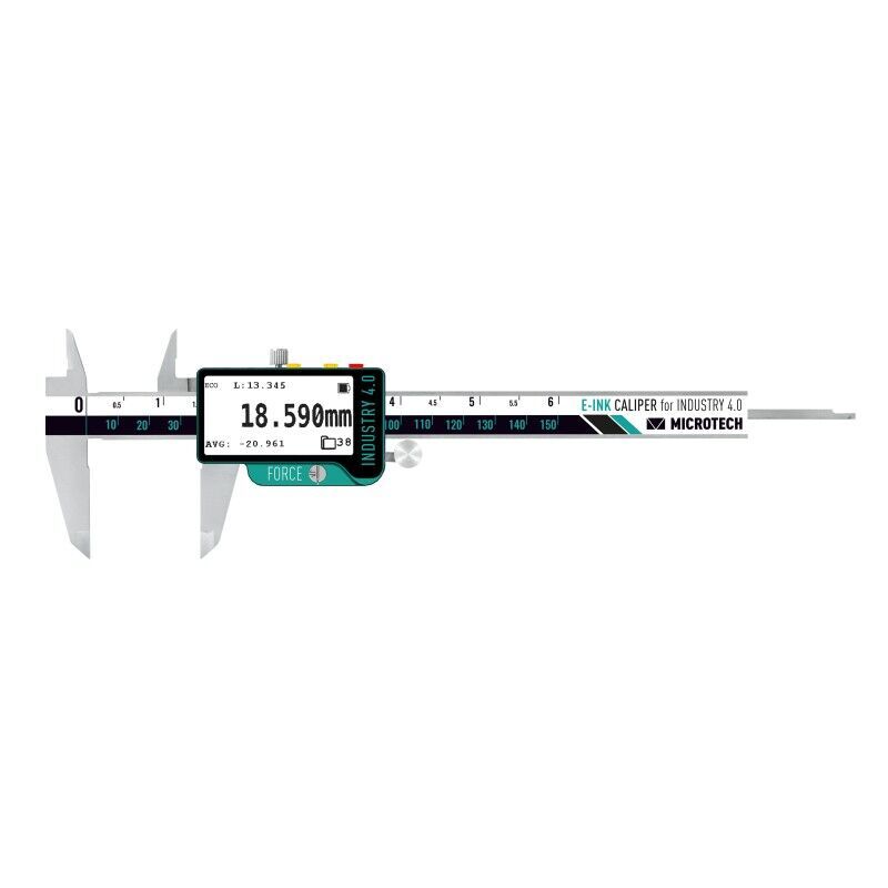 Microtech Digitaler Präzisionsmessschieber 300mm: Silberner Messschieber mit E-Ink Display Frontansicht, Messwert 18.590mm