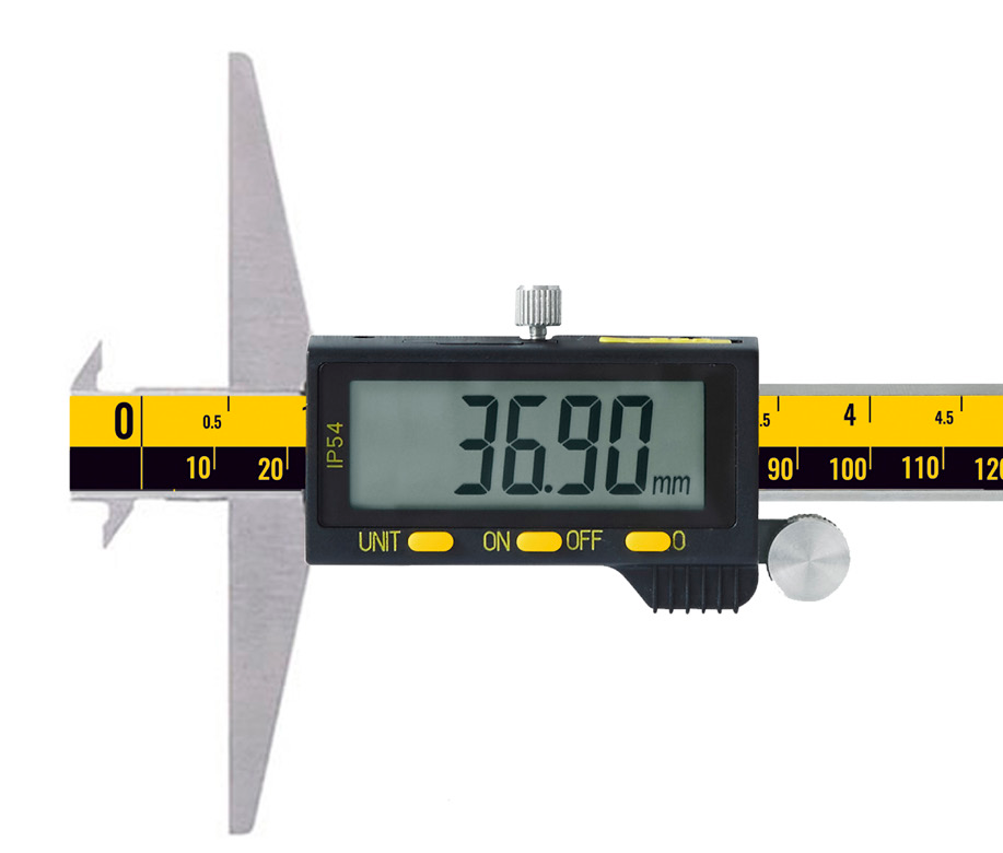 Microtech Digital Tiefenmessschieber 300mm: Graue Metall-Schiene, LCD-Anzeige 36.90mm, IP54-Logo, Frontalansicht