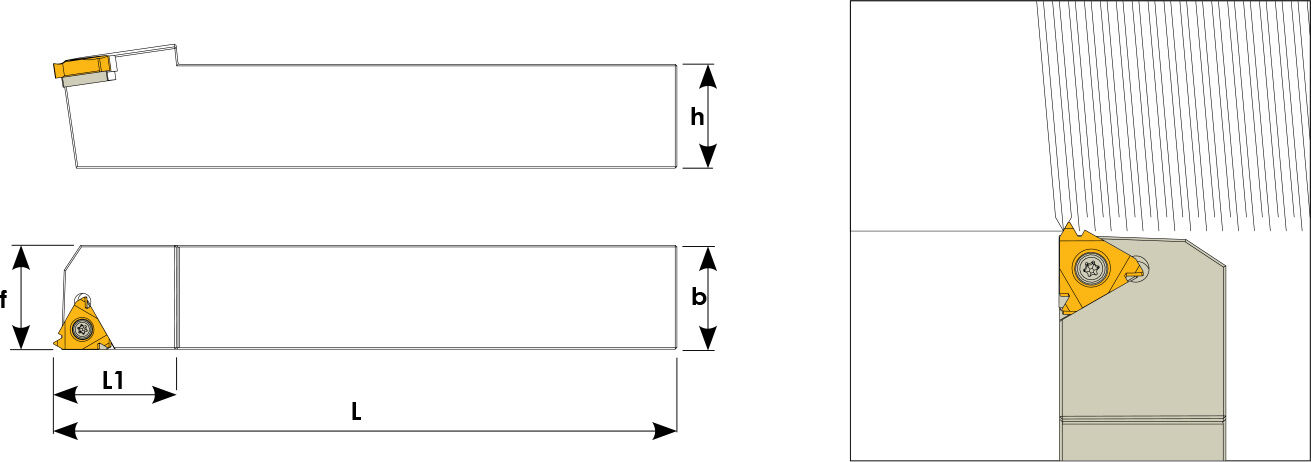 Technische Zeichnung eines Stech-Klemmhalters. Schwarze Linien auf weißem Hintergrund. Die Wendeplatten sind in Gelb angezeigt. Mit Größenangaben. Links befinden sich eine Vorder- und Seitenansicht, links davon ein Benutzungsbeispiel.