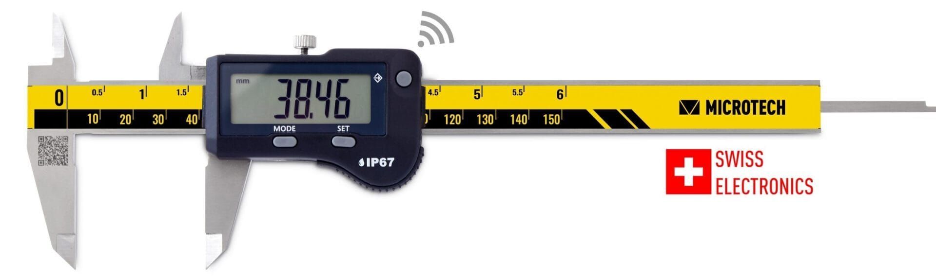 Microtech Digitaler Messschieber: Grau-gelbe Skala, schwarzes Display mit Messwert '38.46', Frontalansicht