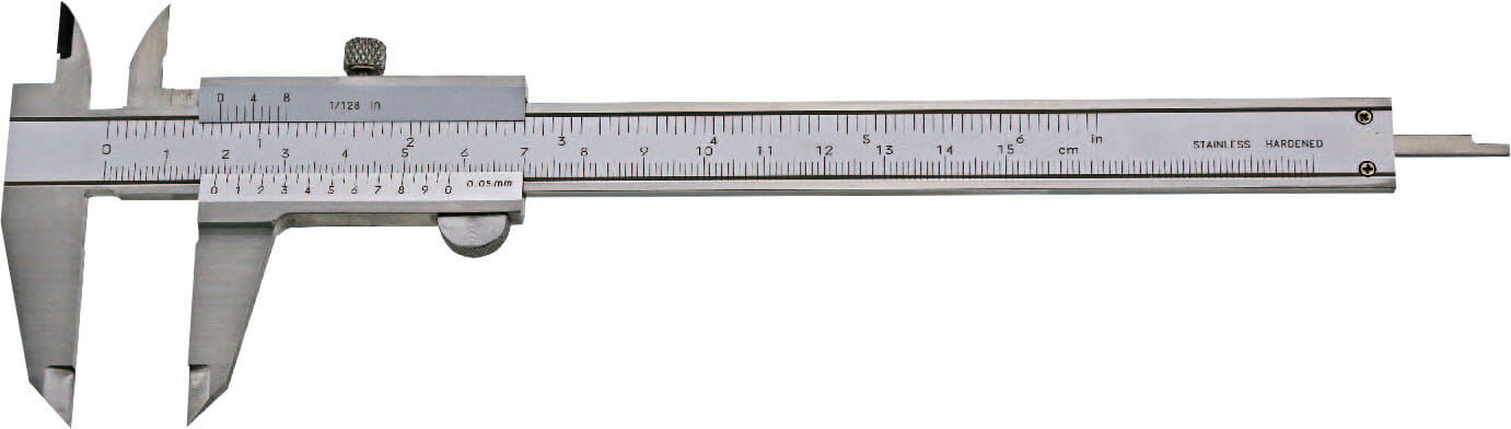 Metav IndustryLine 200mm Taschen-Messschieber TOP: Silberfarbene INOX Monoblock Frontalansicht mit Nonius 0,05mm