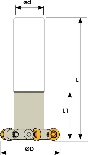 Technische Zeichnung eines T-Nut-Fräsers. Schwarze Linien auf weißem Hintergrund. Die Wendeplatten sind in Gelb angezeigt. Mit Größenangaben.