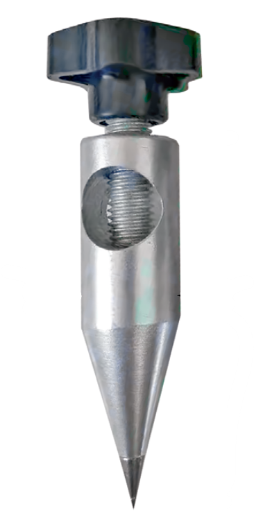 Metav IndustryLine Ersatz-Anreißspitze: Paar, silberner Körper, schwarze Rändelschrauben, Frontalansicht, Erdspieß, Metallgehäuse, Klemmschraube, Spitze
