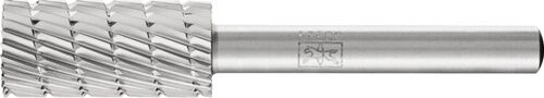 Frässtift ZYAS D.12 mm HSS: Zylinderform mit Stirnverzahnung, silbrig, im Detail Nahaufnahme der Zähne