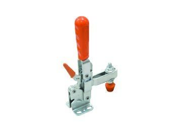 Vertikalspanner auf weißem Hintergrund. Der Griff ist von rotem Kunststoff umgeben. Der Fuß ist waagerecht. Dieses Modell hat eine Sicherheitsverriegelung., Hebel, Ventilgriff, Klammerverriegelung, Schelle, Schlauchschelle