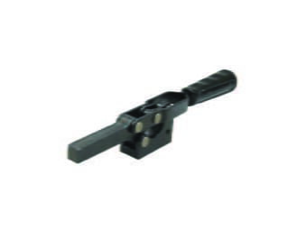Schwarzer Horizontal-Kippspanner auf weißem Hintergrund. Der Griff ist von schwarzem Kunststoff bekleidet. Der Fuß ist senkrecht.