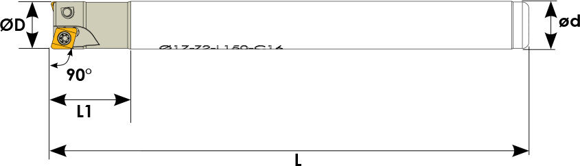 Technische Zeichnung eines Schaftfräsers. Schwarze Linien auf weißem Hintergrund. Die Wendeplatten sind in Gelb angezeigt. Mit Größenangaben.