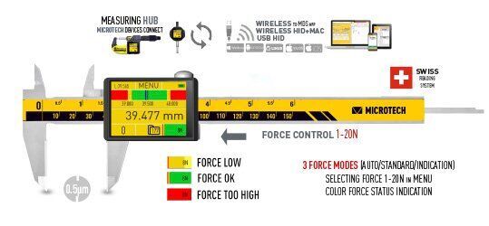 DataMet eFORCE Messschieber: Frontalansicht mit Display 39,477mm, Force-Kontrolle, Wireless-Anbindung