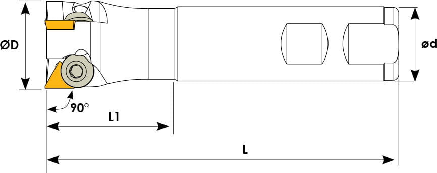 Technische Zeichnung eines Schaftfräsers. Schwarze Linien auf weißem Hintergrund. Die Wendeplatten sind in Gelb angezeigt. Mit Größenangaben.
