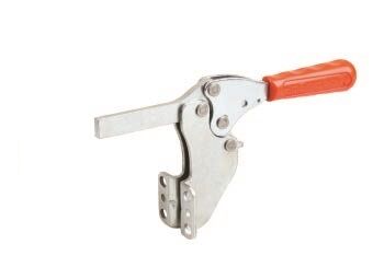 Horizontalspanner mit Winkelfuß auf weißem Hintergrund. Der Griff ist von rotem Kunststoff umwickelt und der Arm solide.