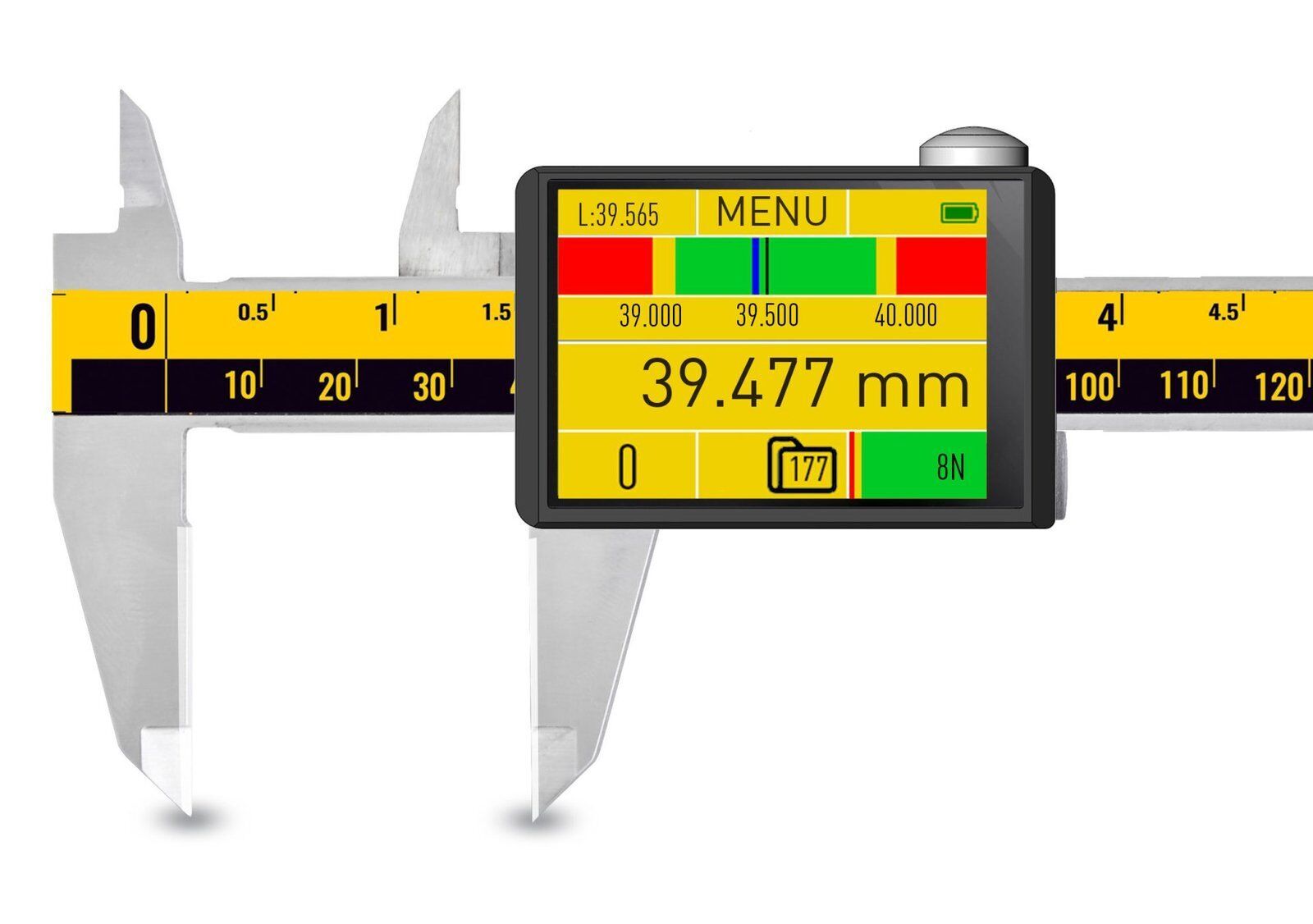 DataMet eFORCE Messschieber: Frontalansicht Messschieber mit LCD-Anzeige 39.477 mm, Keramik-Messflächen