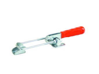 Kukamet 321 Verschlussspanner: Metall-Hebelspanner mit waagerechtem Fuß, Haken und rotem Griff, Frontalansicht