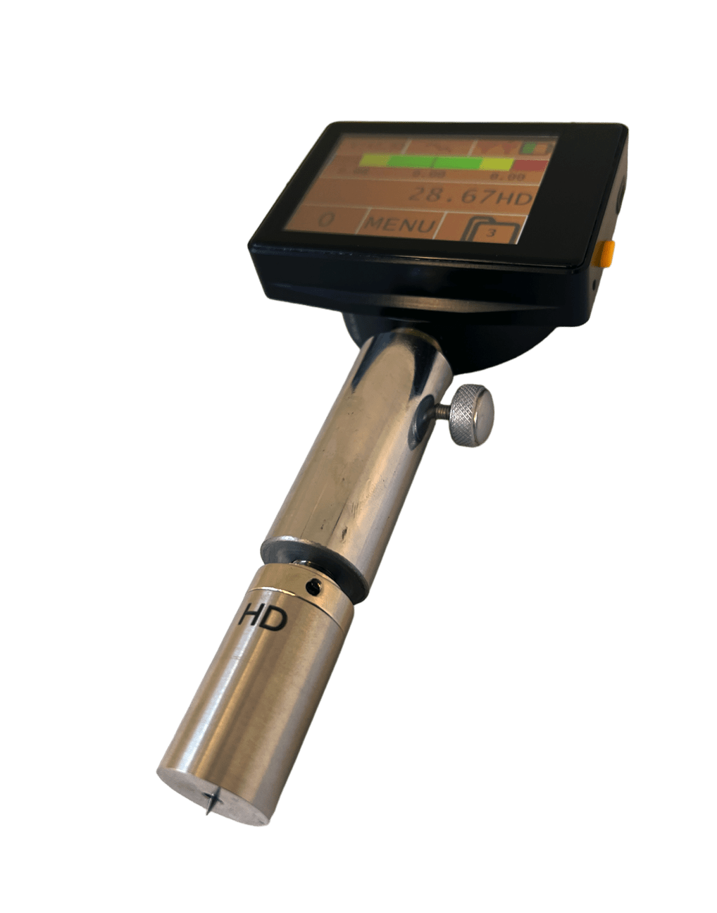 Microtech Metrology Härtemessgerät Shore 00: Digitales Messgerät mit Touchscreen und Prüfspitze in Schrägansicht