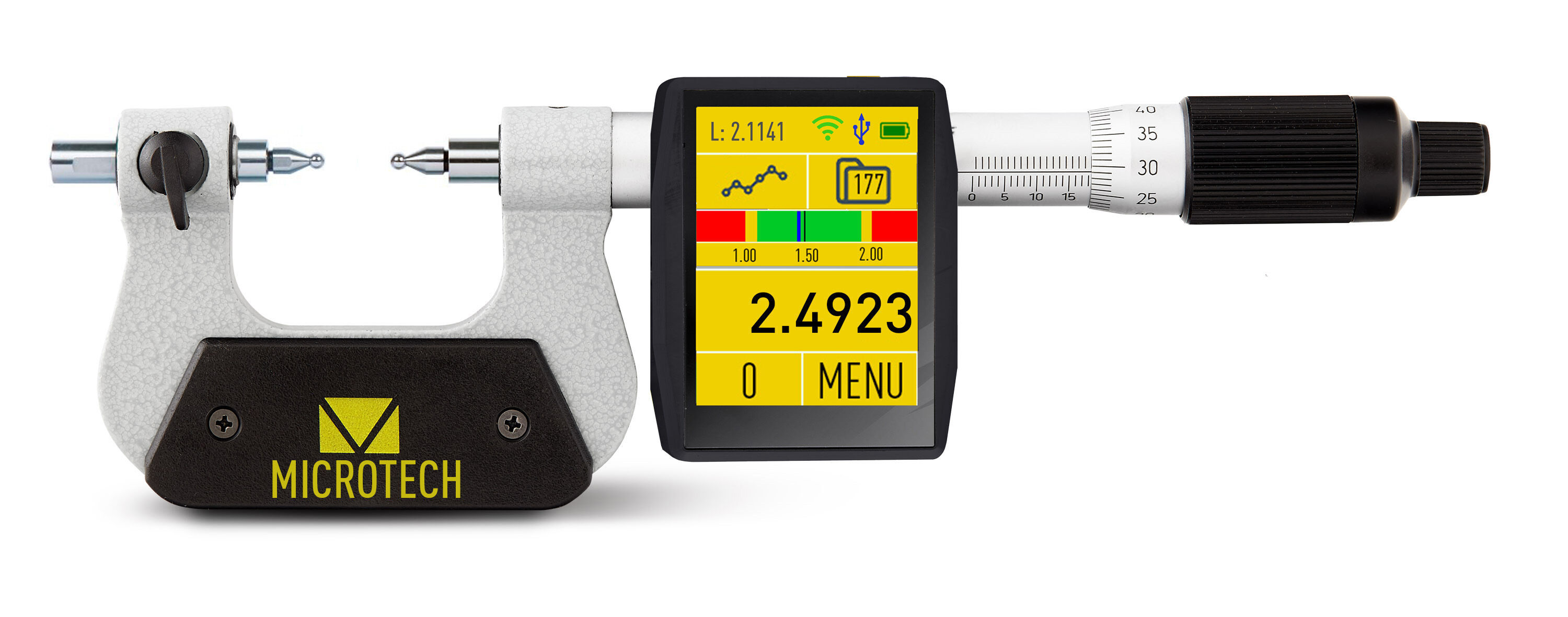 Digitale Messschraube: Grau-schwarzer Rahmen, 2,4" Farb-Touchscreen mit 2.4923 Messwert, Frontalansicht