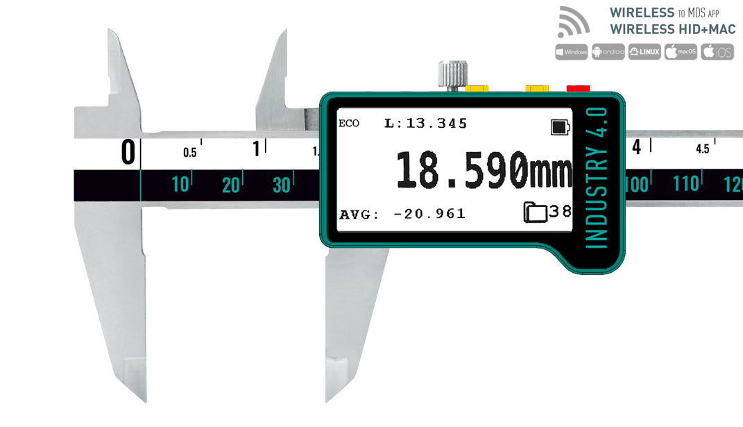 Microtech Digitaler Messschieber: Silbernes Metallgehäuse, E-Ink Display zeigt 18.590mm, Frontalansicht