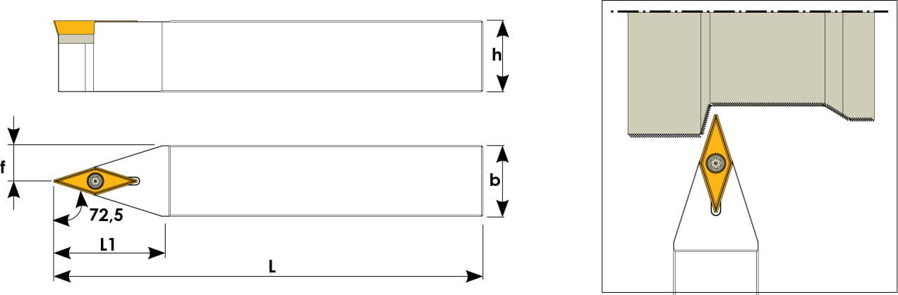 Technische Zeichnung eines Stech-Klemmhalters. Schwarze Linien auf weißem Hintergrund. Die Wendeplatten sind in Gelb angezeigt. Mit Größenangaben. Links befinden sich eine Vorder- und Seitenansicht, links davon ein Benutzungsbeispiel.
